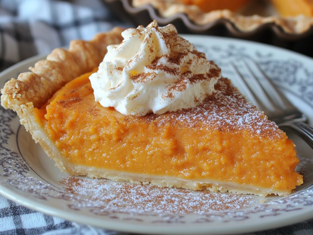 Slice of sweet potato pie with whipped cream.