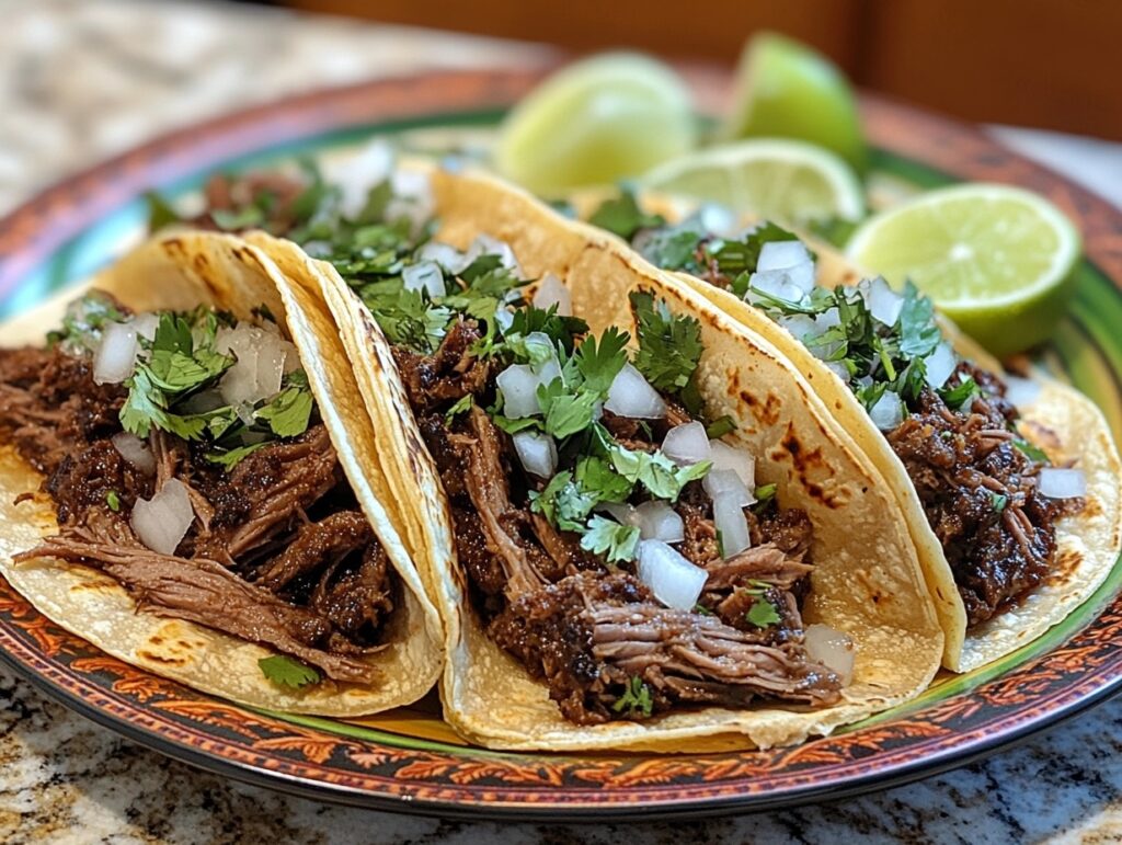 Barbacoa tacos with shredded beef cheek meat