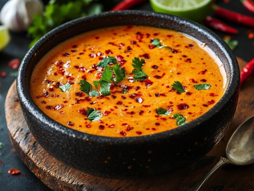 Homemade Bang Bang Sauce in a bowl with fresh ingredients