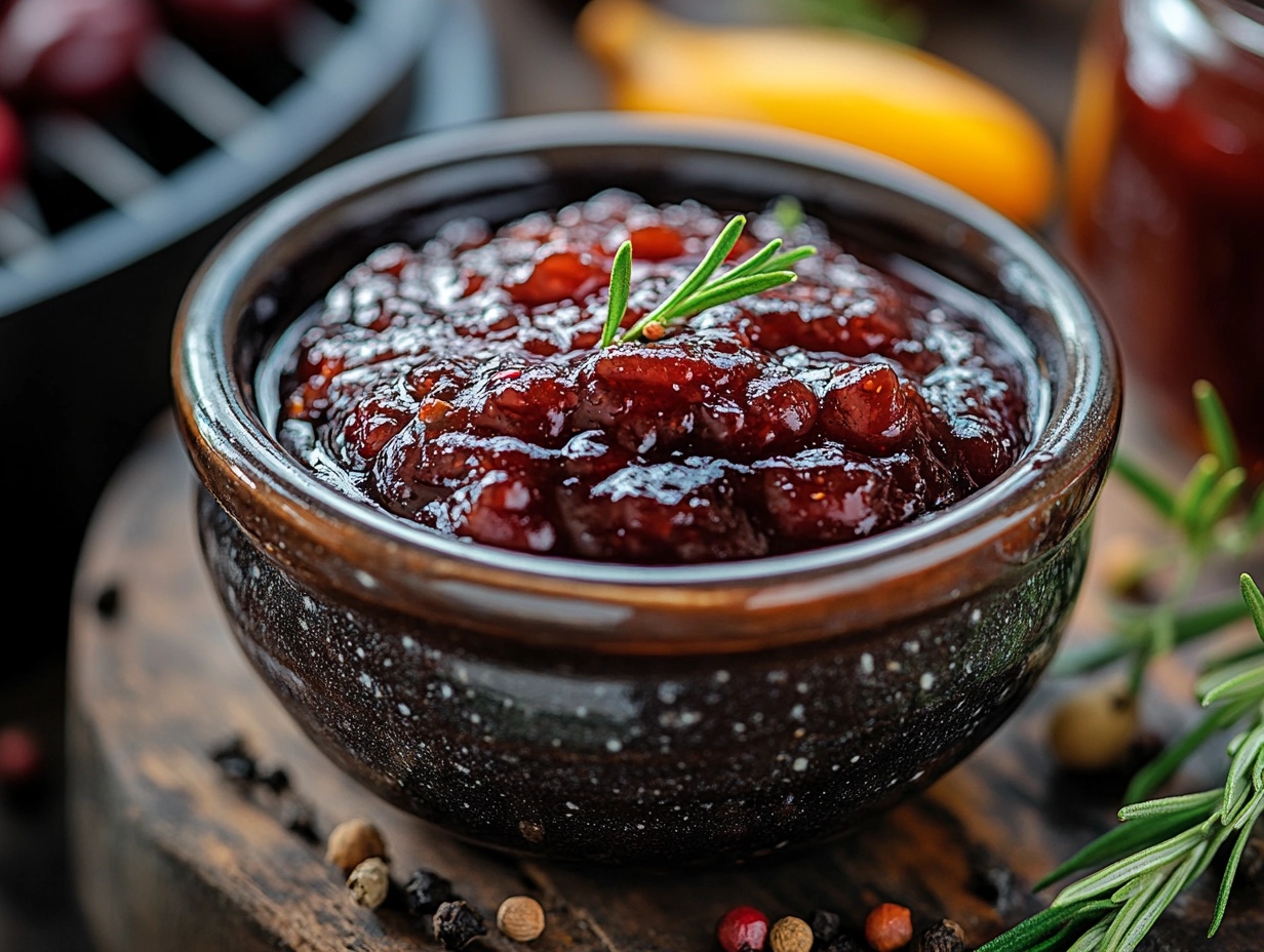 Barbecue sauce made from grape jelly in a bowl with fresh ingredients.