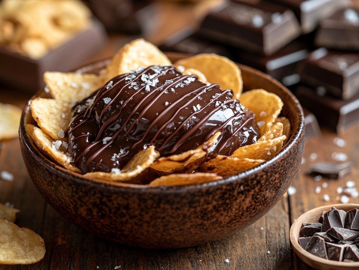 Bowl of chocolate-covered potato chips with melted chocolate drizzle