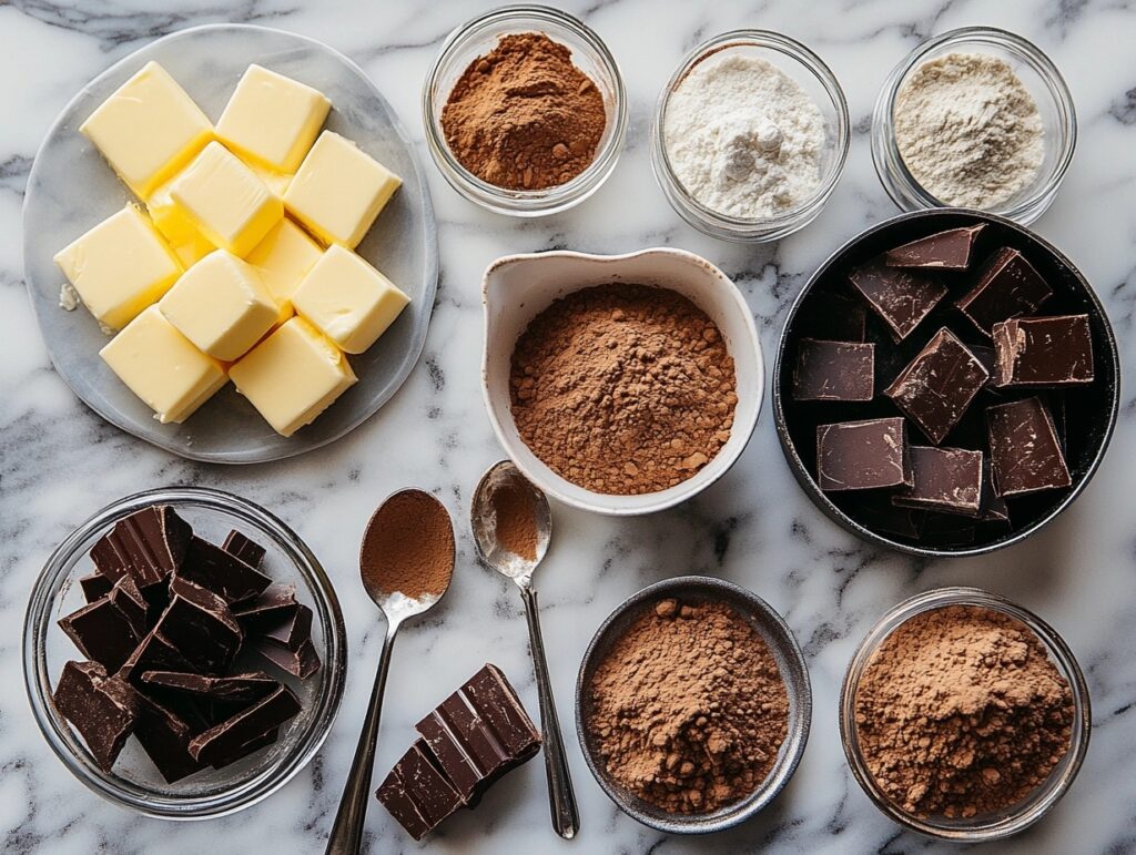 Ingredients for chocolate gravy recipe: cocoa, sugar, milk, flour, butter, vanilla extract