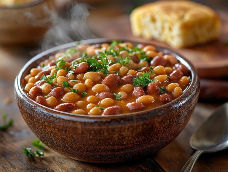 A steaming bowl of classic beanie weenies with cornbread.