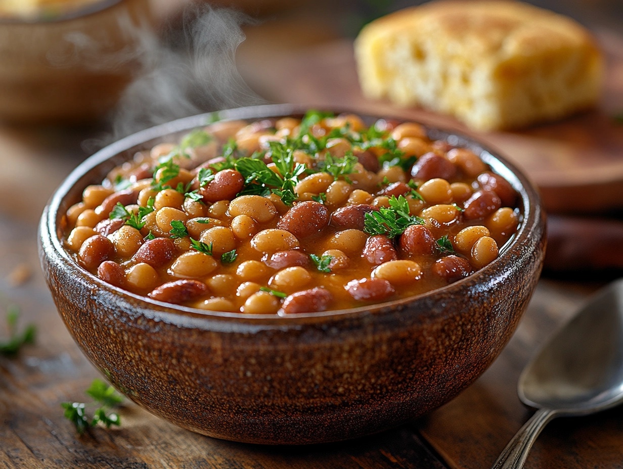 A steaming bowl of classic beanie weenies with cornbread.