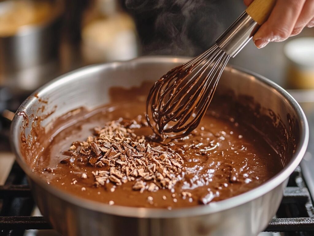 Chocolate gravy being whisked in a saucepan on a stovetop.