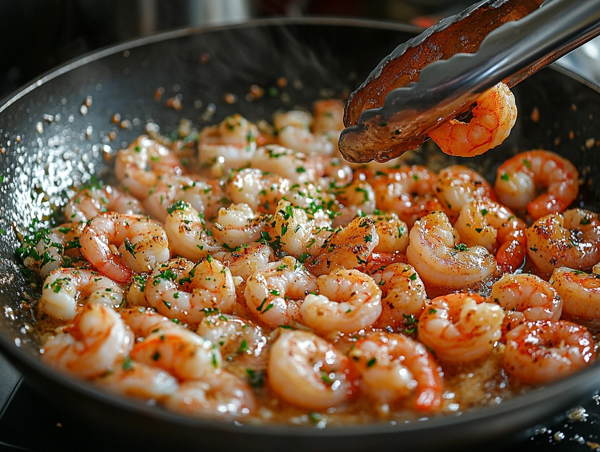 Shrimp being sautéed with butter and garlic in a skillet.
