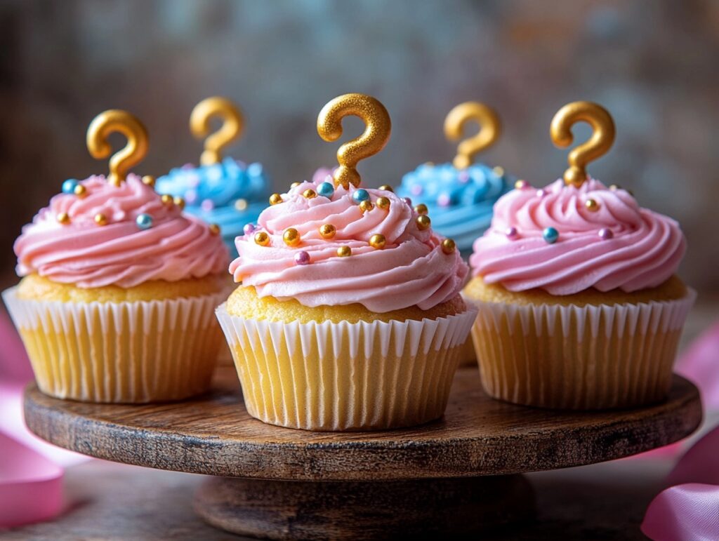 Beautifully decorated gender reveal cupcakes with creative toppers