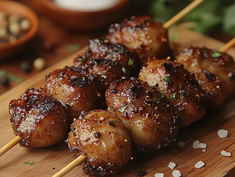 Grilled chicken hearts skewers sizzling over an open flame.
