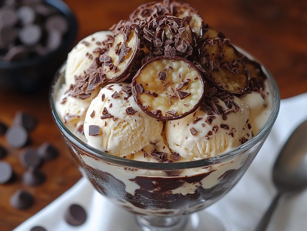  Chocolate-covered potato chips as a dessert topping on ice cream