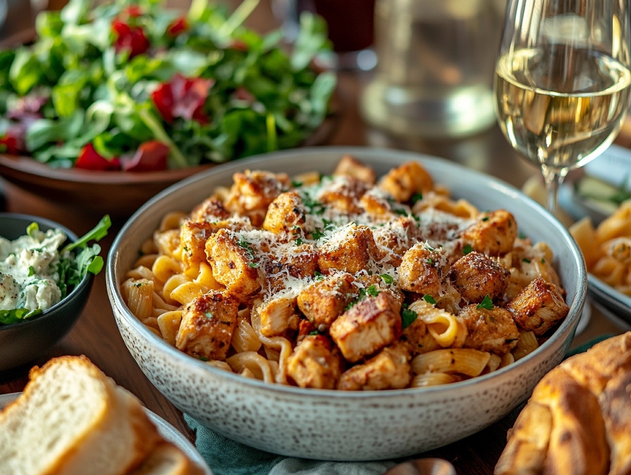 Family-style garlic parmesan chicken pasta with sides of garlic bread and Caesar salad.