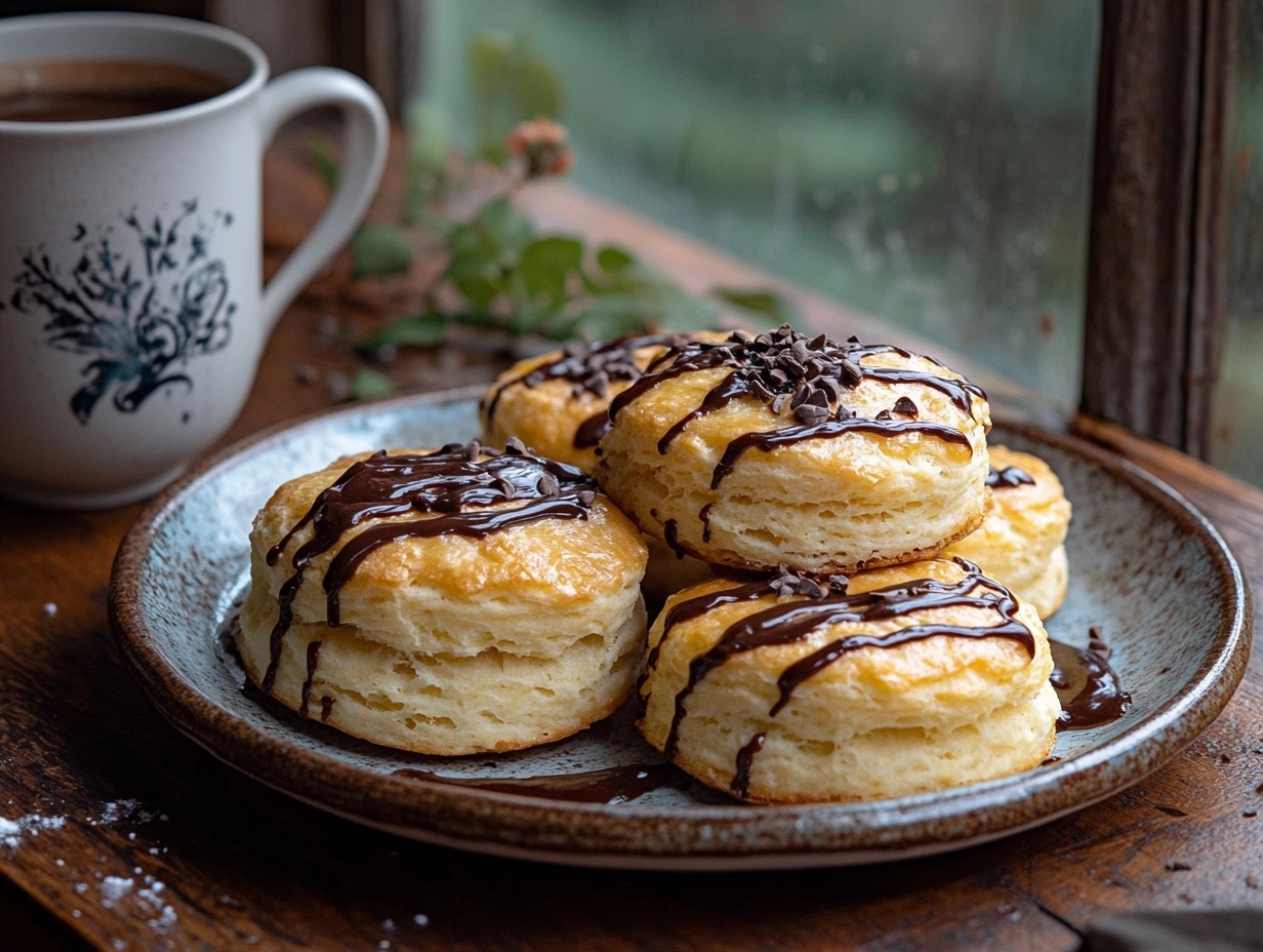 Biscuits topped with chocolate gravy on a rustic breakfast table.