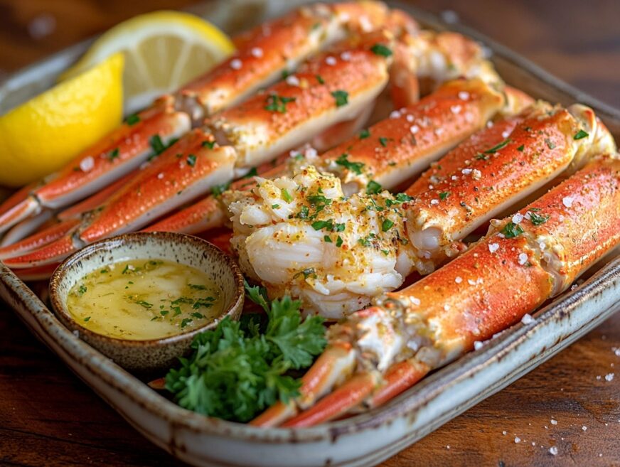 Freshly cooked snow crab legs with garlic butter and lemon.