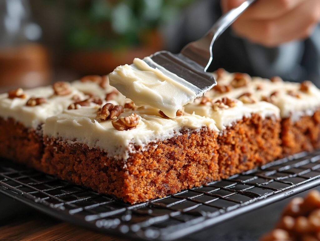 Spreading Cream Cheese Frosting on Carrot Cake Bars