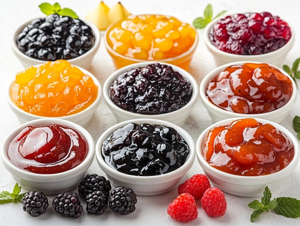 Variety of fruit jellies and barbecue sauces arranged on a table