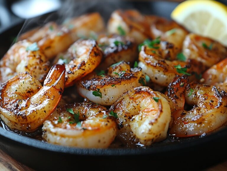 Golden shrimp in garlic butter sauce garnished with parsley.