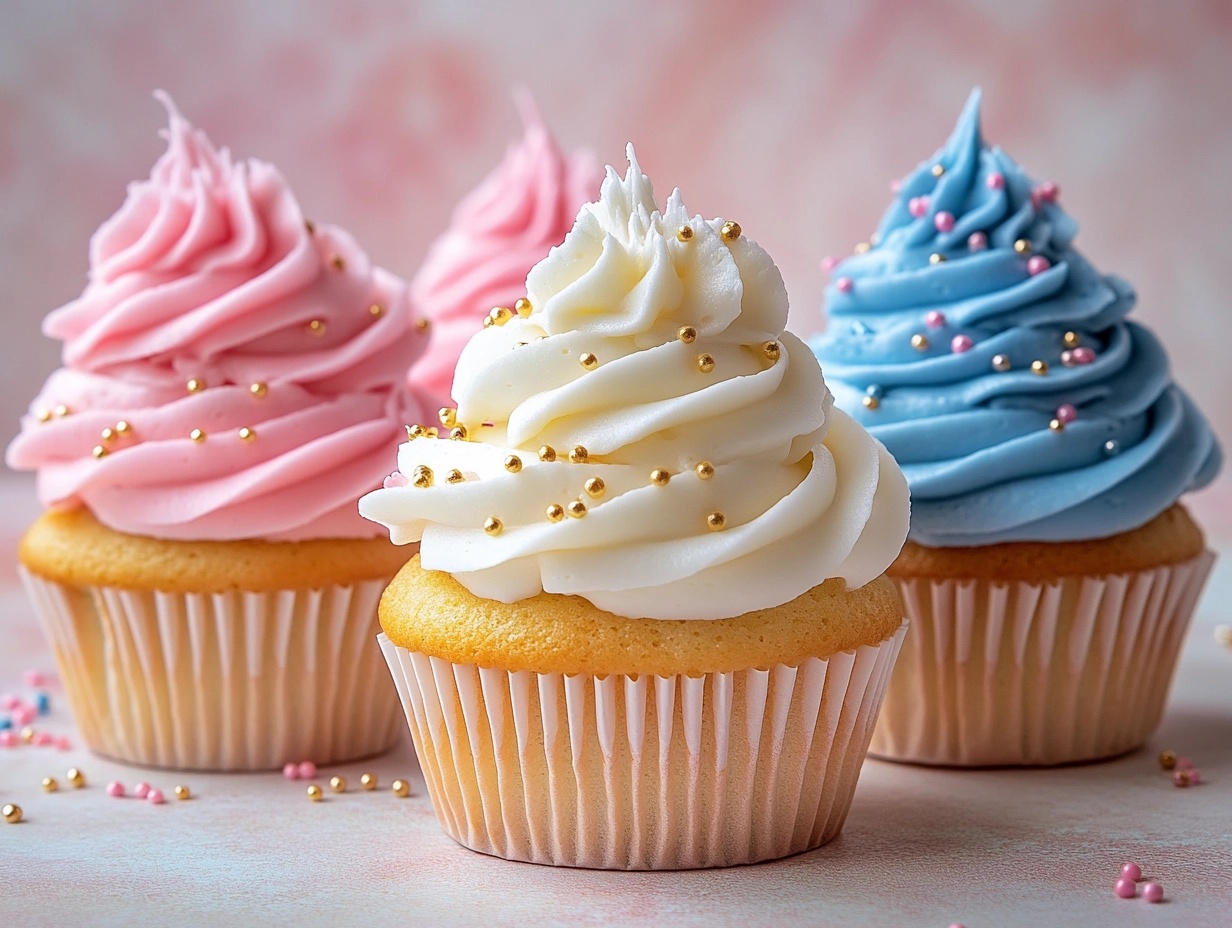 Decorated gender reveal cupcakes with surprise filling