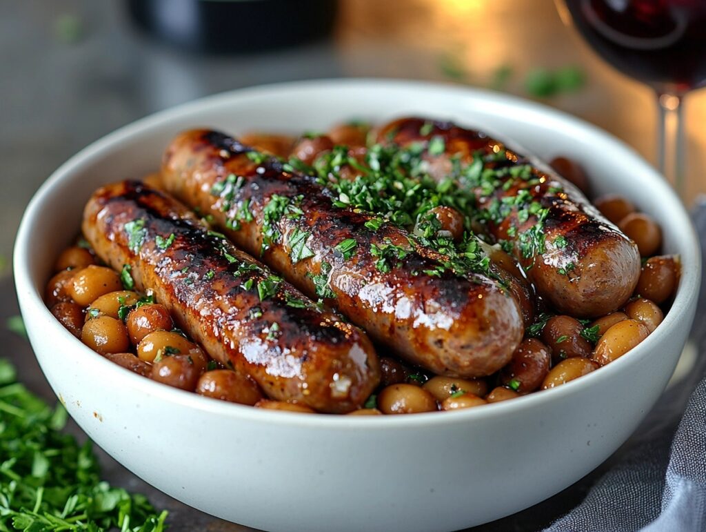 Gourmet-style beanie weenies with artisanal sausages and garnishes.