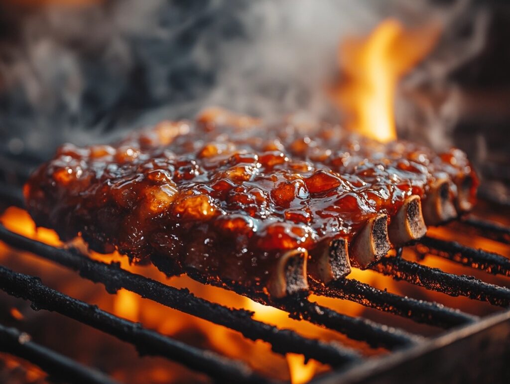 Sticky ribs glazed with grape jelly barbecue sauce on a grill.