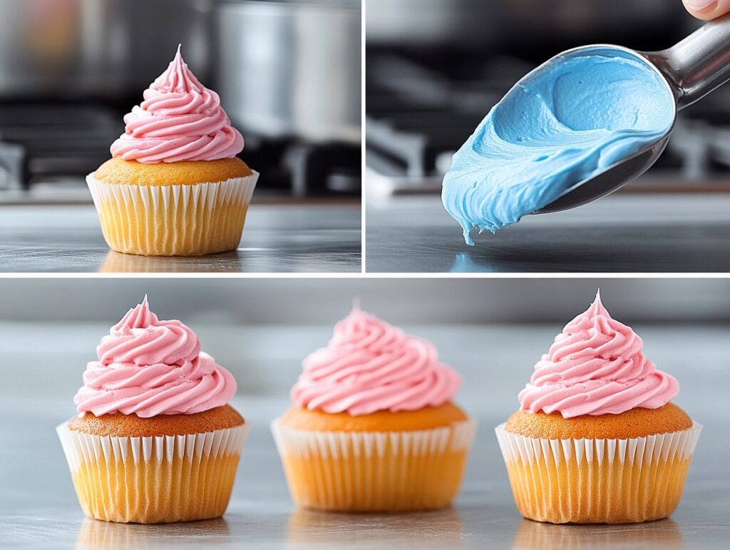 Step-by-step process of filling gender reveal cupcakes