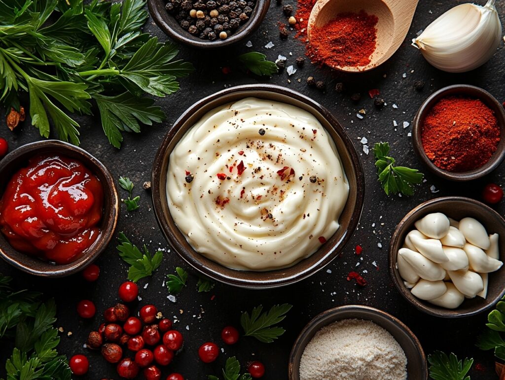 Homemade Yum Yum Sauce surrounded by fresh ingredients.