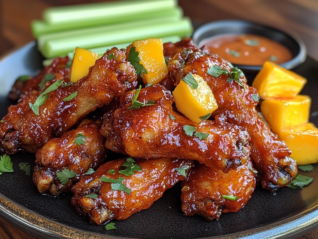 Crispy mango habanero wings coated in a sweet and spicy glaze