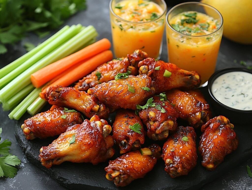 Mango habanero wings served with ranch, celery sticks, and lemonade.