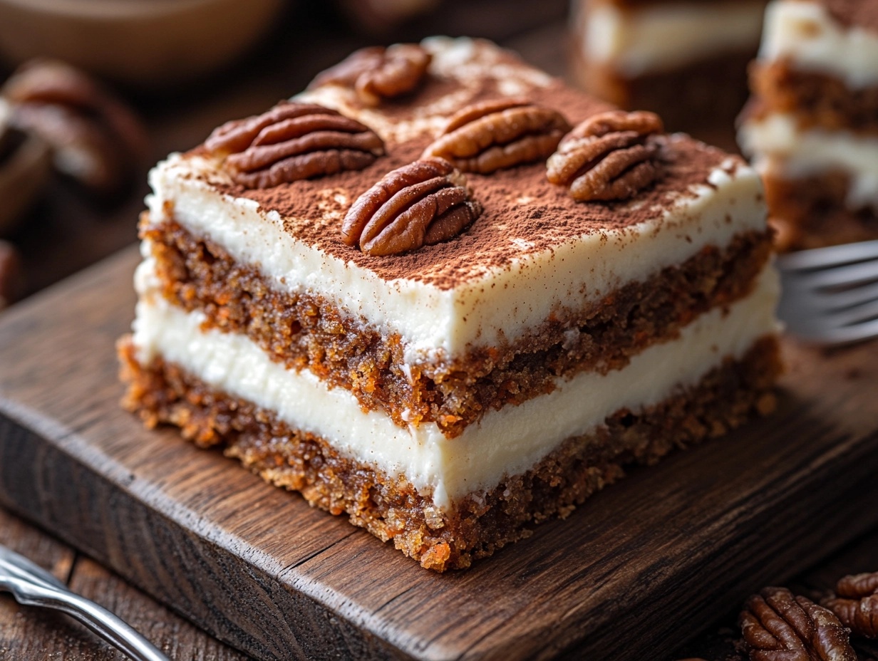 Carrot Cake Bars with Cream Cheese Frosting on a Wooden Board