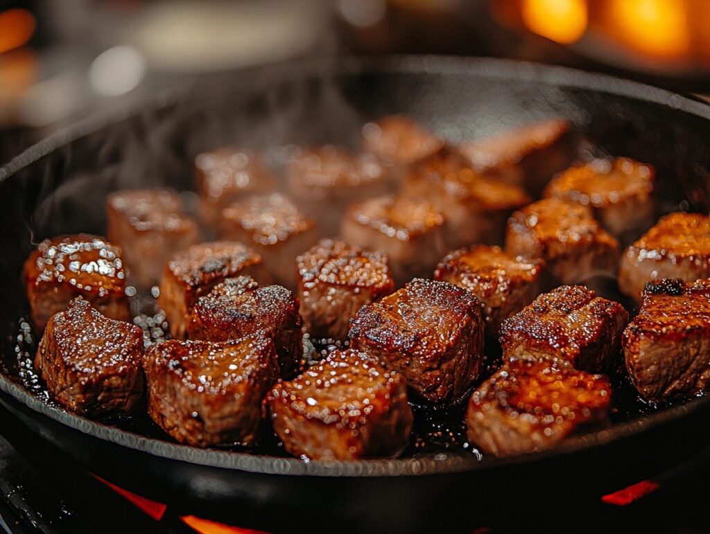 Beef cheeks searing in a cast iron skillet