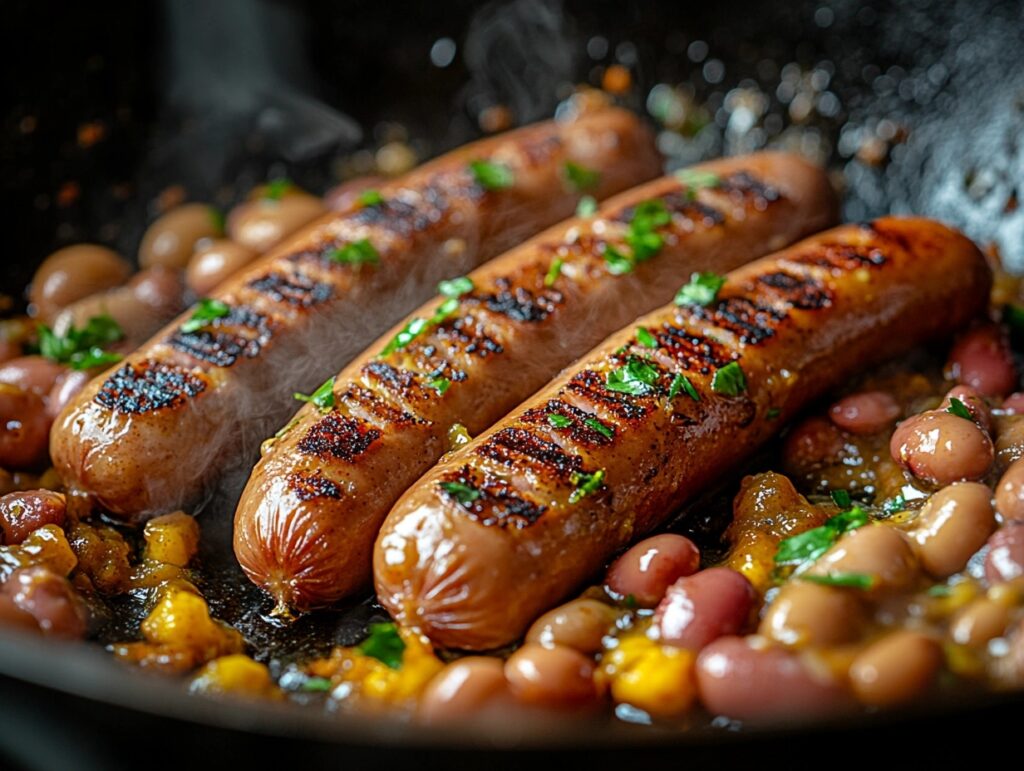 Sliced hot dogs sizzling in a skillet for beanie weenies.