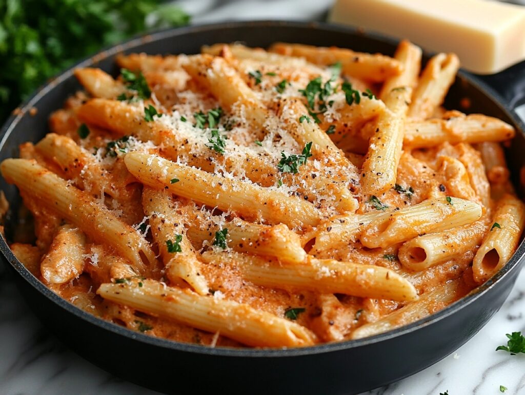 Creamy garlic parmesan chicken pasta in a skillet with fresh parsley and Parmesan.