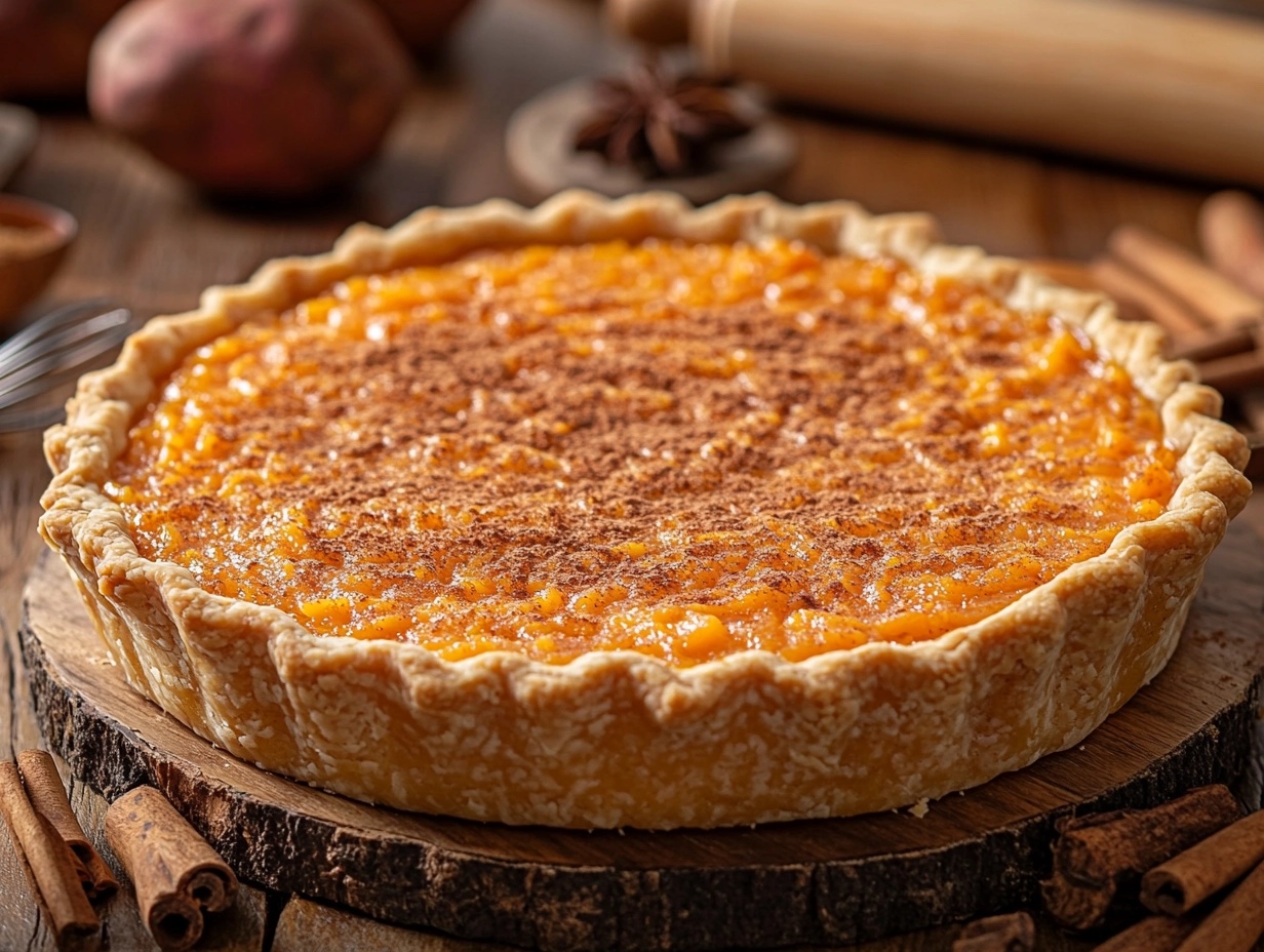 Whole sweet potato pie with rustic decorations.