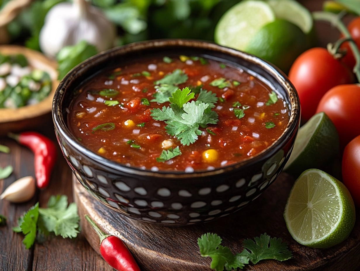 Close-up of taco sauce in a bowl surrounded by fresh ingredients.