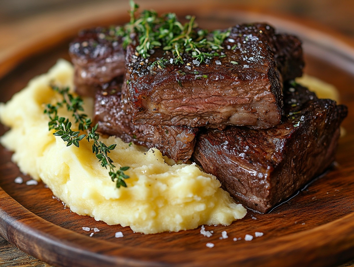 Slow-cooked beef cheek meat with mashed potatoes and herbs