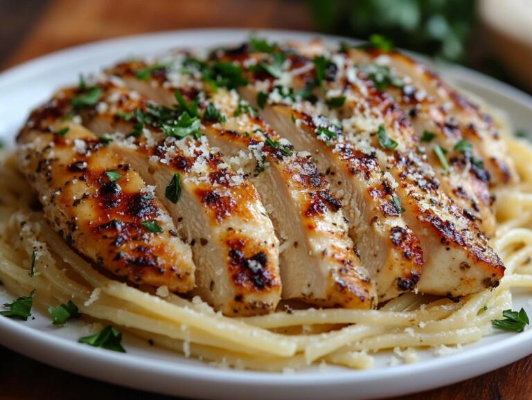 Garlic parmesan chicken pasta served with fresh parsley and Parmesan cheese.