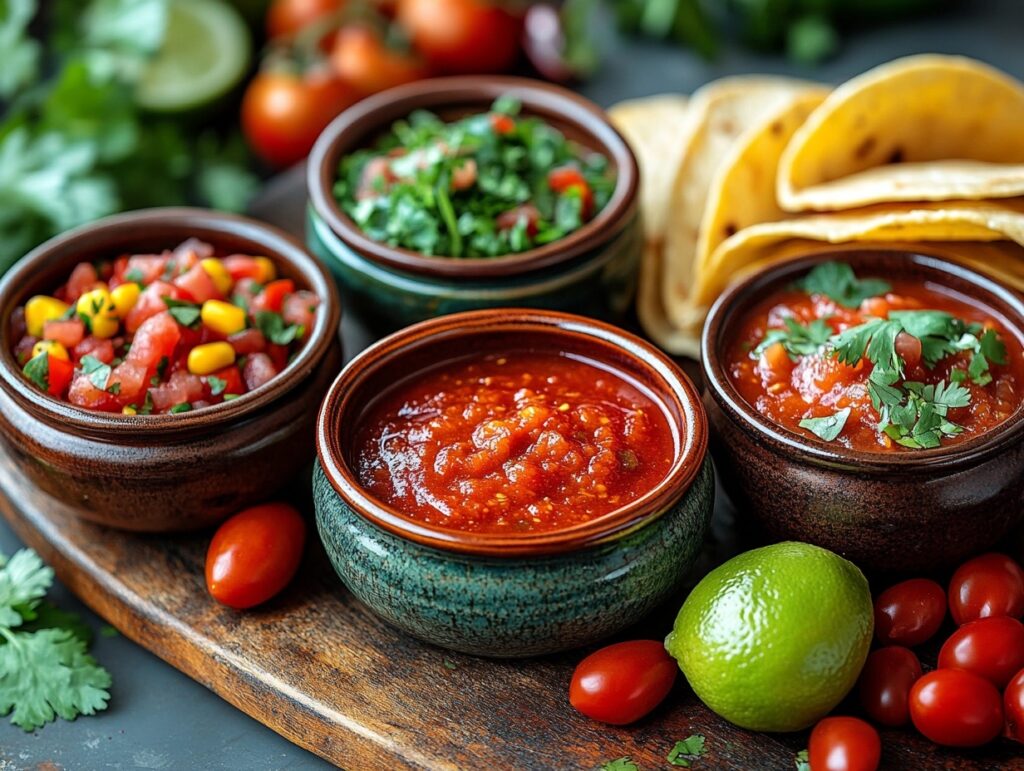 Three varieties of taco sauces: red, creamy, and salsa verde, surrounded by fresh ingredients like tomatoes, chili peppers, cilantro, garlic, and lime.