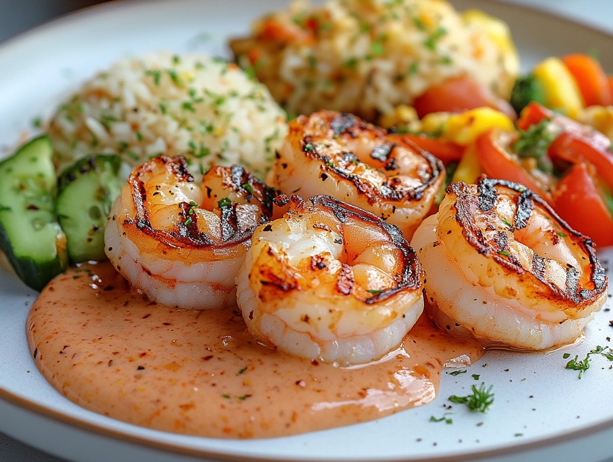 Creamy Yum Yum Sauce drizzled on grilled shrimp with vegetables.