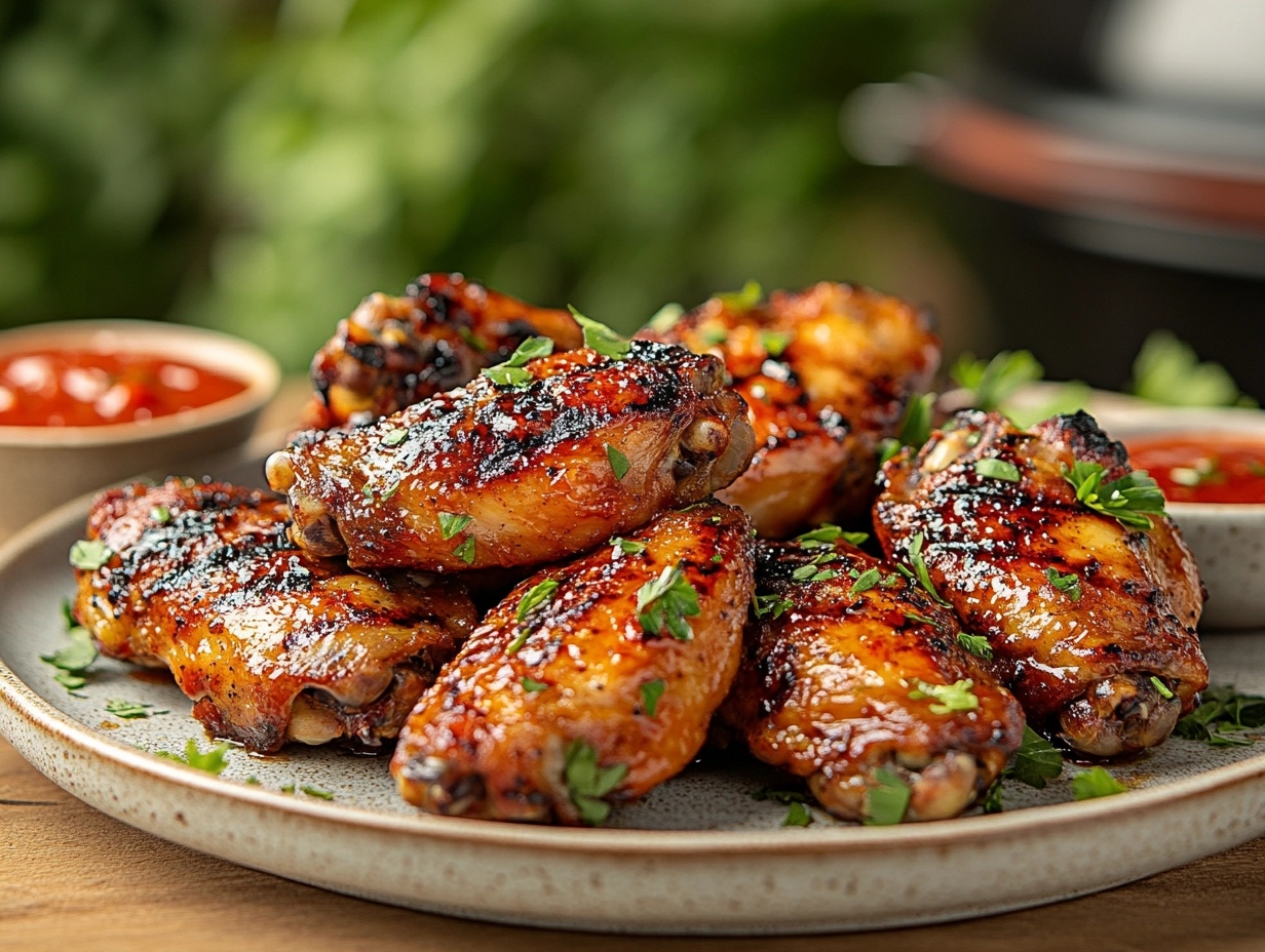 Crispy grilled chicken wings with dipping sauces.