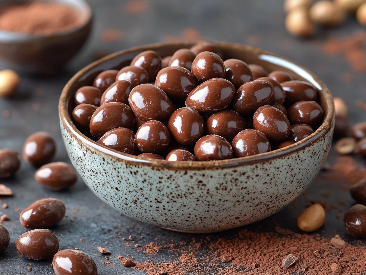 Glossy chocolate-covered peanuts in a bowl.