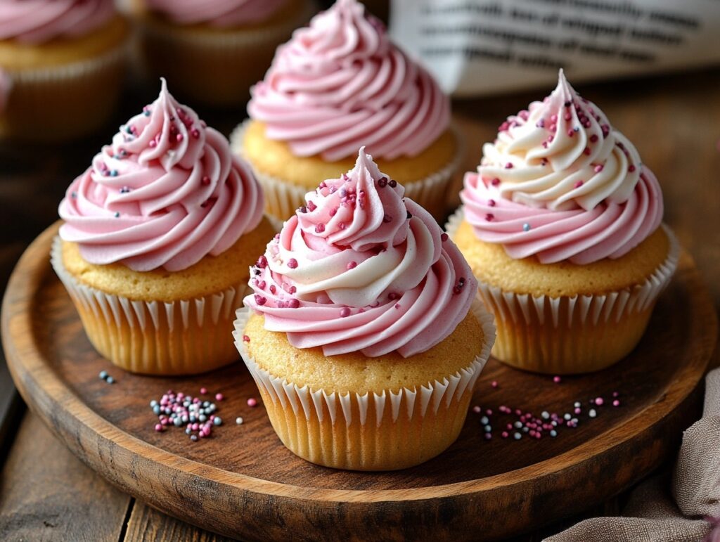 Cupcakes topped with whipped butter icing.