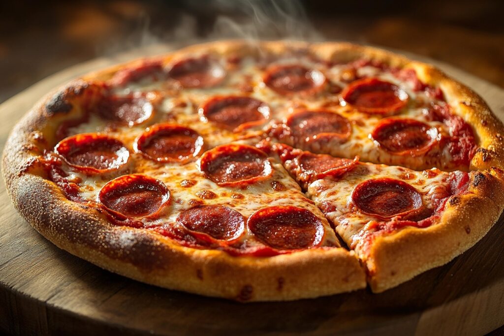 Beef pepperoni pizza with melted cheese