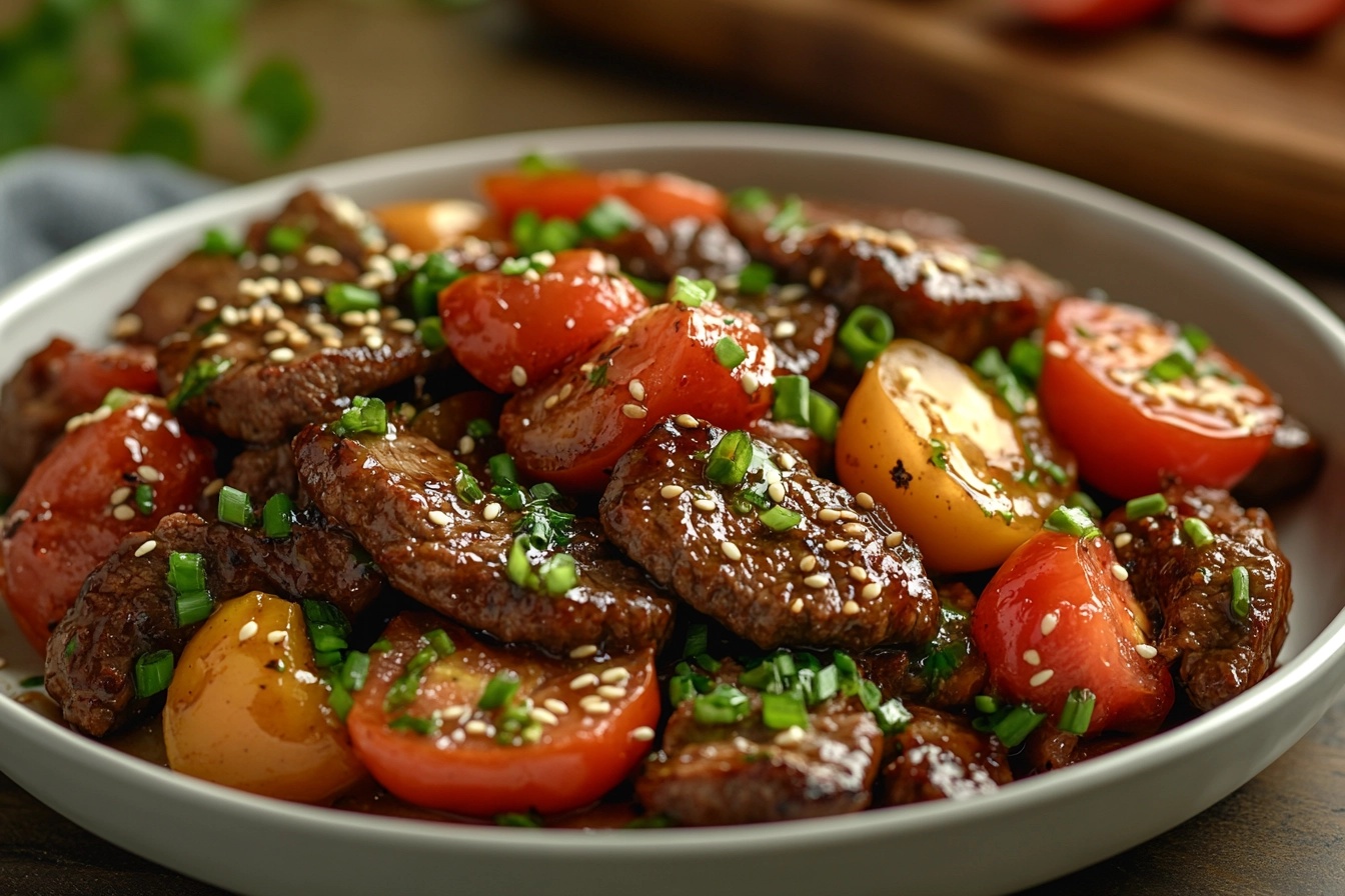 A beautifully plated beef tomato stir-fry dish served on a white ceramic plate with fresh ingredients on a wooden table.