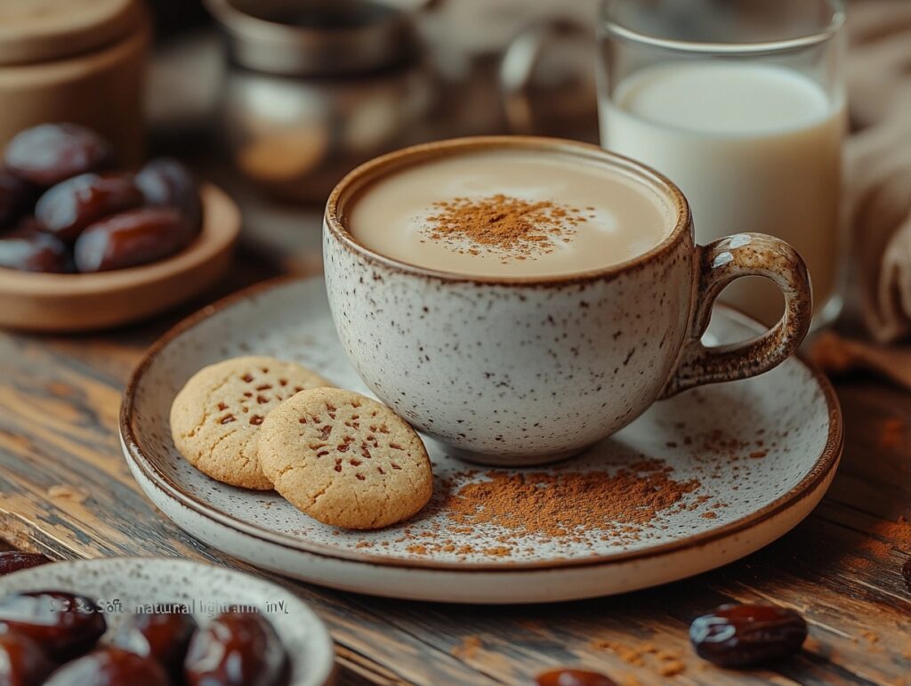 Date cookies paired with coffee and milk on a rustic table.