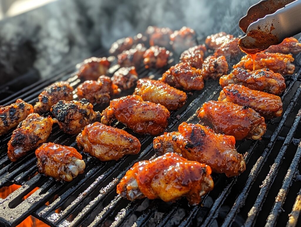 Various flavors of grilled chicken wings sizzling on a BBQ.