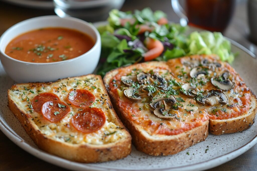 Different variations of cottage cheese pizza toast served with sides.