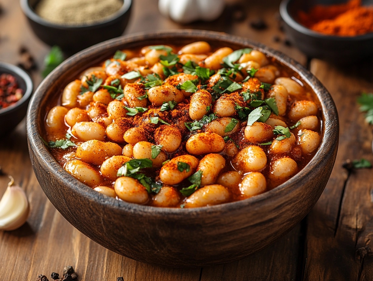 A rustic bowl of seasoned pinto beans with spices