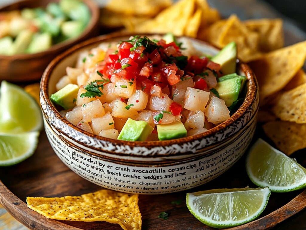 Ceviche served with tortilla chips, avocado, and lime wedges.