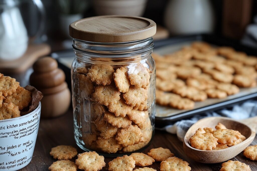 A sealed glass jar filled with ranch-seasoned oyster crackers.