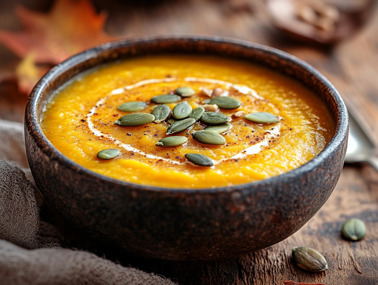 Butternut soup BBC – A steaming bowl of creamy butternut squash soup garnished with pumpkin seeds and cream.