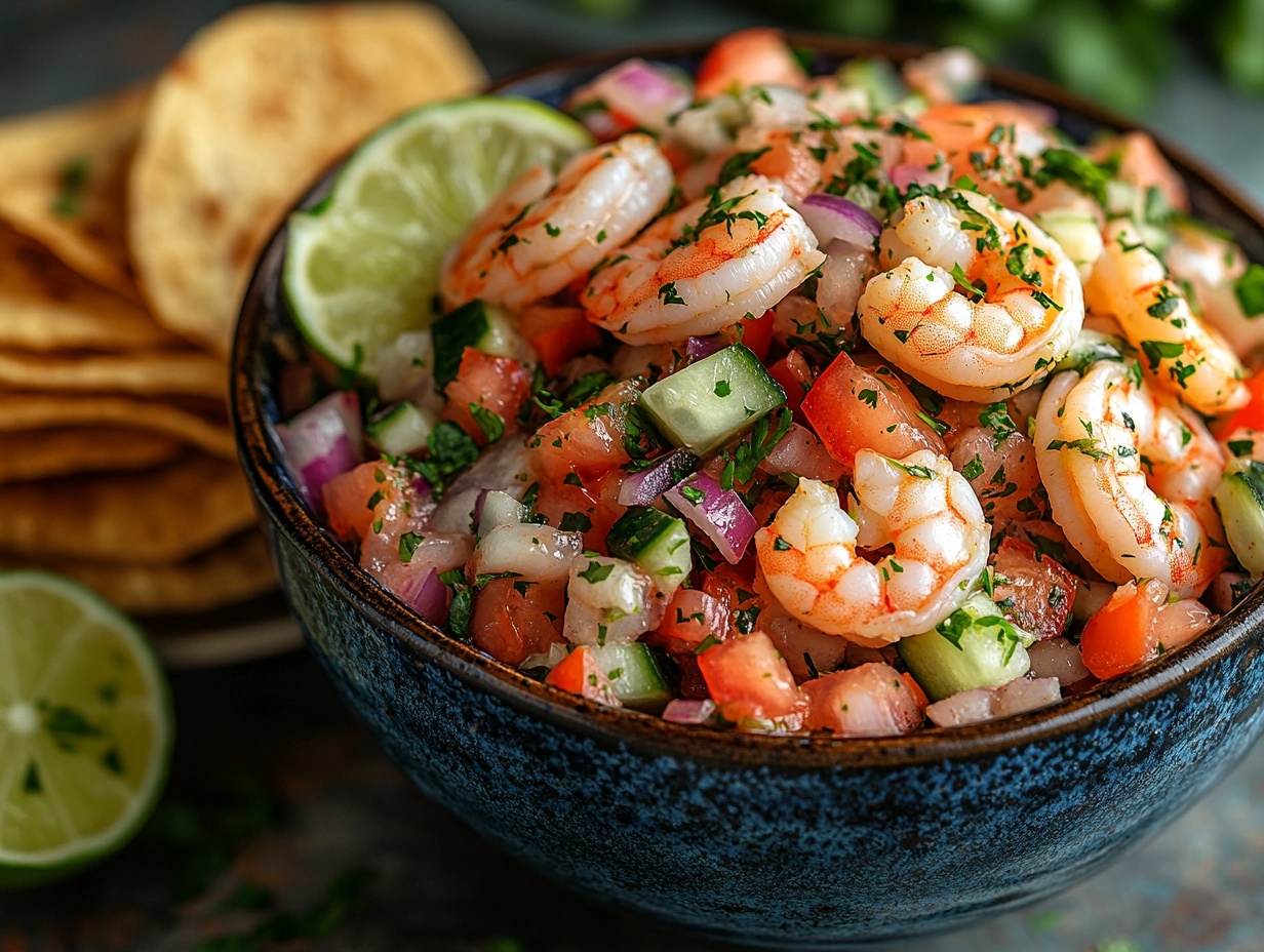 A fresh bowl of ceviche de camarón with shrimp, lime, and vegetables.