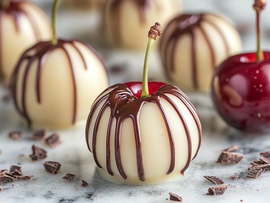Cherries dipped in white chocolate on a marble surface.